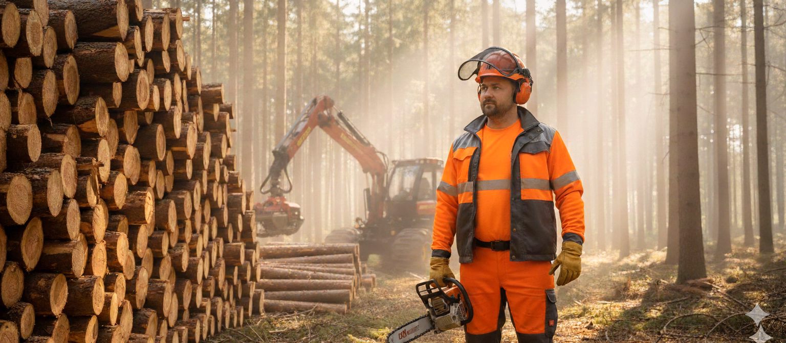 Forstarbeiter am Holzpolter